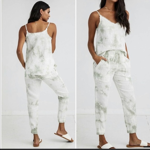 New Bella Dahl Large Tie Dye Linen Jogger Pants Green - Picture 8 of 8